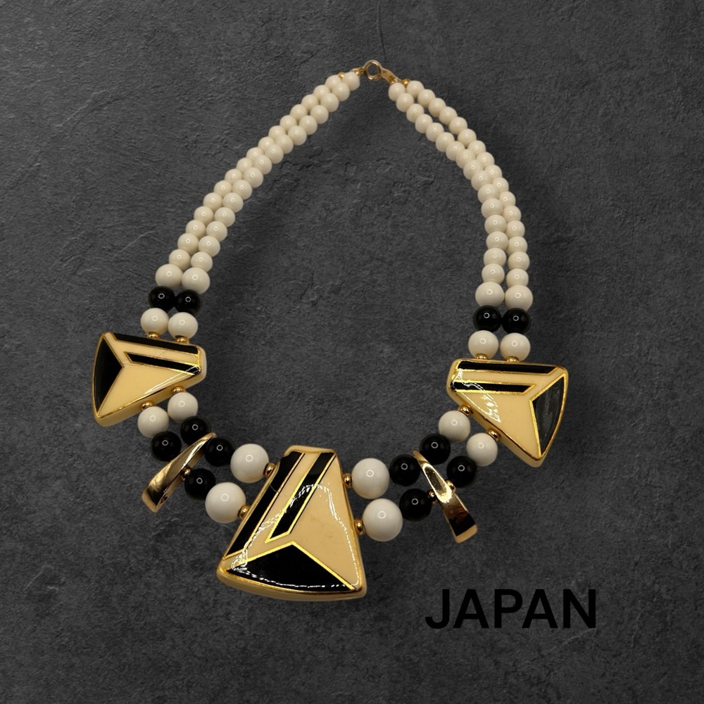 Postmodern ceramic white and black statement beaded necklace choker collar Japan